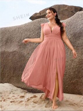 SHEIN Dusty Rose V‑Neck Chiffon Maxi Dress